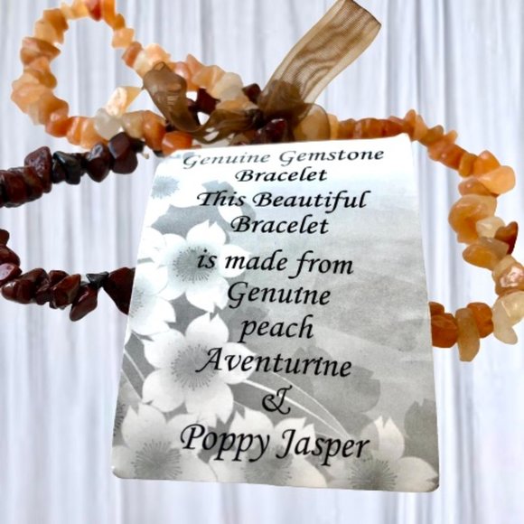 Gemstone Stretch Bracelet Genuine Peach Aventurine + Poppy Jasper lot of 3 NEW - Picture 2 of 6